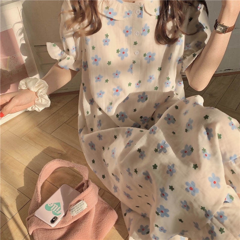Đầm ngủ mặc nhà tay ngắn in họa tiết hoa phong cách Hàn Quốc thời trang cho nữ