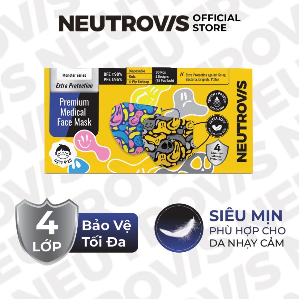 Hộp 30 cái khẩu trang y tế trẻ em cao cấp Neutrovis 4 lớp kháng khuẩn- PeekaBoo