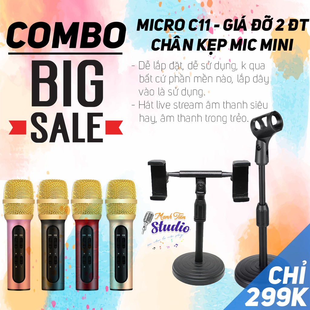 [COMBO GIÁ RẺ] Micro live stream C11, chân kẹp micro mini, giá kẹp 2 điện thoại cực tiện lợi dễ sử dụng cho live stream