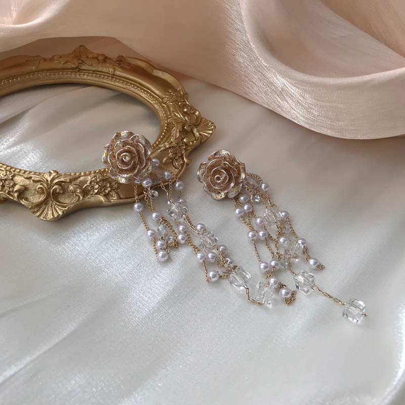 Bông Tai Mạ Bạc 925 Dáng Dài Phối Tua Rua Hình Hoa Đính Ngọc Trai Phong Cách Retro