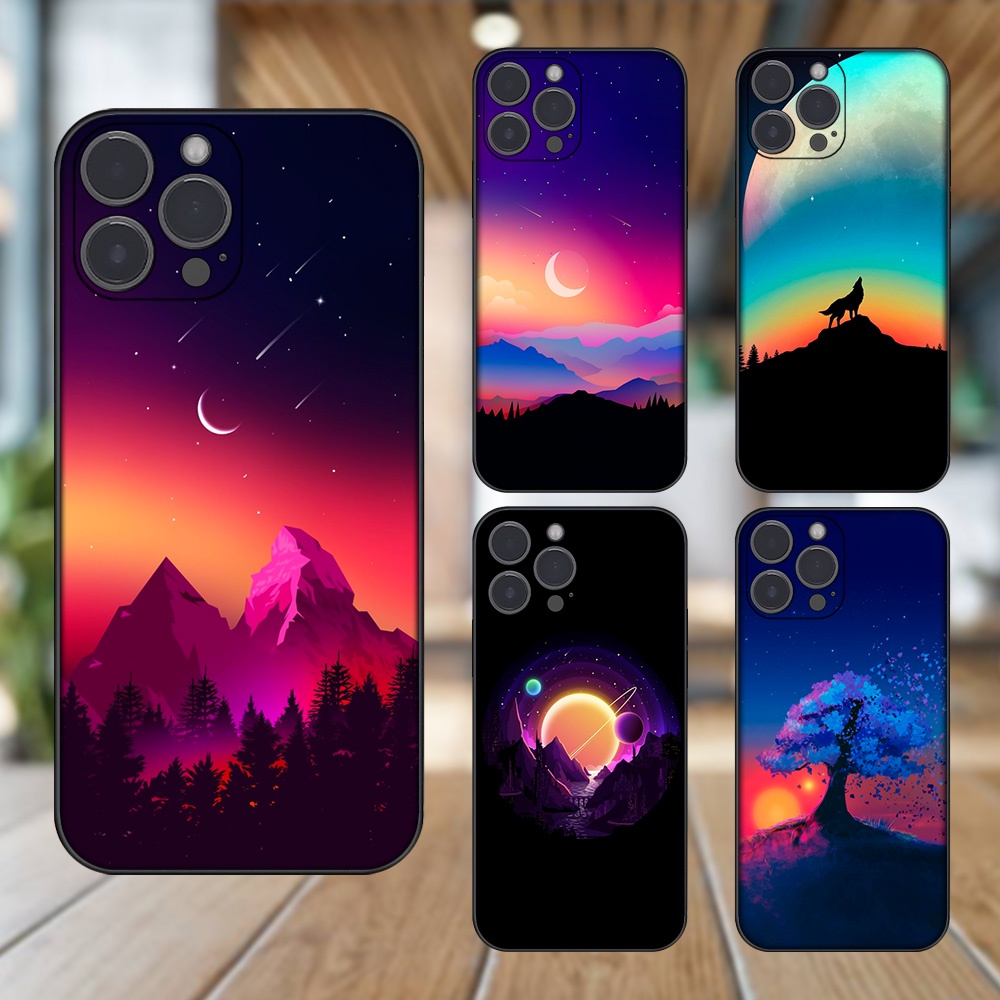 Ốp lưng iPhone 13 Pro Max dẻo đen cạnh vuông in hình Phong Cảnh Núi Bầu Trời Đêm