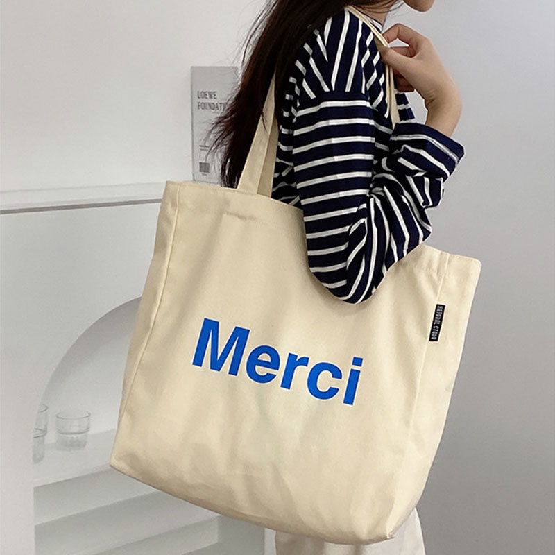 Túi Tote Vải Canvas Nữ Merci phong cách Ulzzang Có Khóa Kéo chất liệu dày dặn