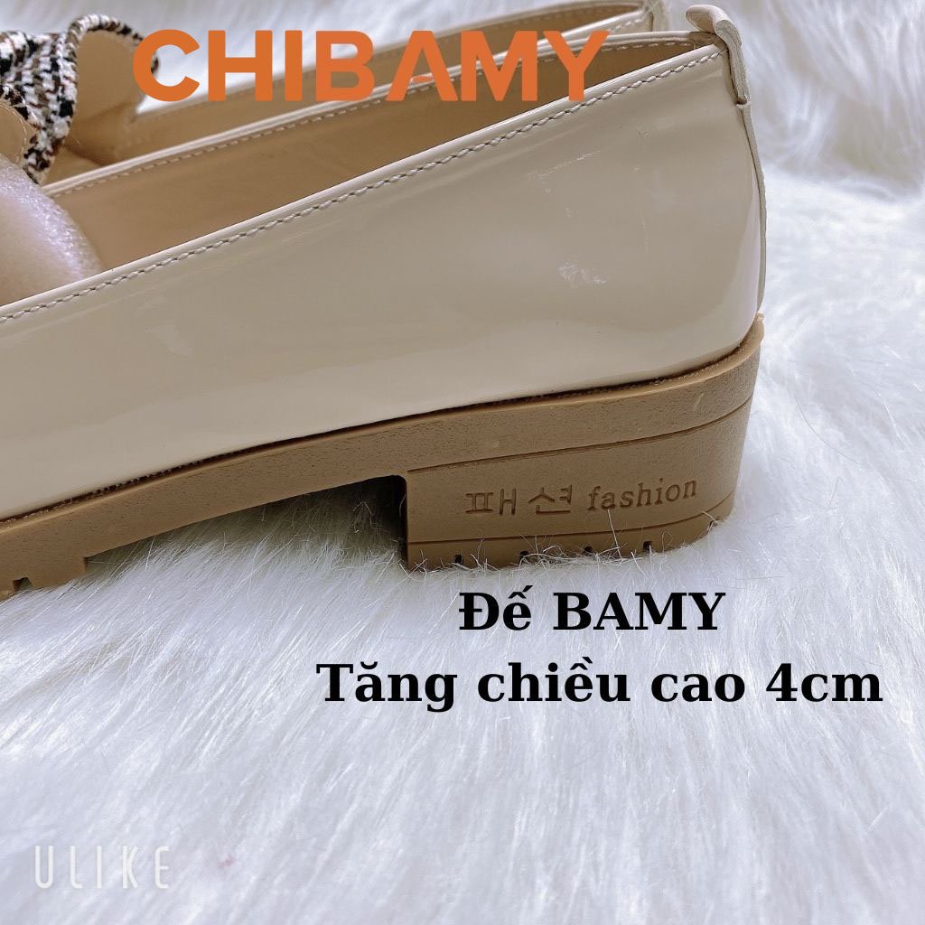 Giày Đốc nữ da bóng mềm thắt nơ phối vải kẻ đế răng cưa cao 4 phân CHIBAMY