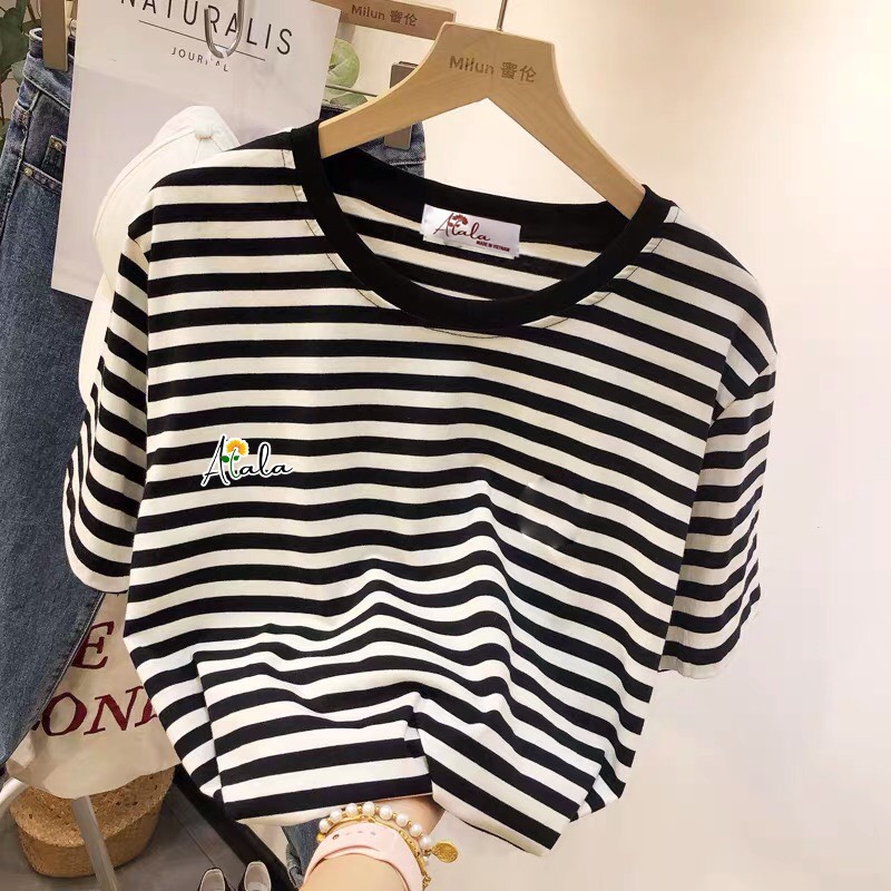 Áo thun tay ngắn cổ tròn họa tiết kẻ sọc phom rộng kiểu Hàn năng động dành cho nữ 2022 ALALA