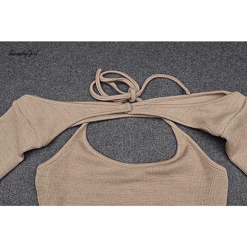 Set Áo Croptop Hai Dây + Áo Croptop Tay Dài Hở Vai Màu Trơn Thời Trang Cho Nữ