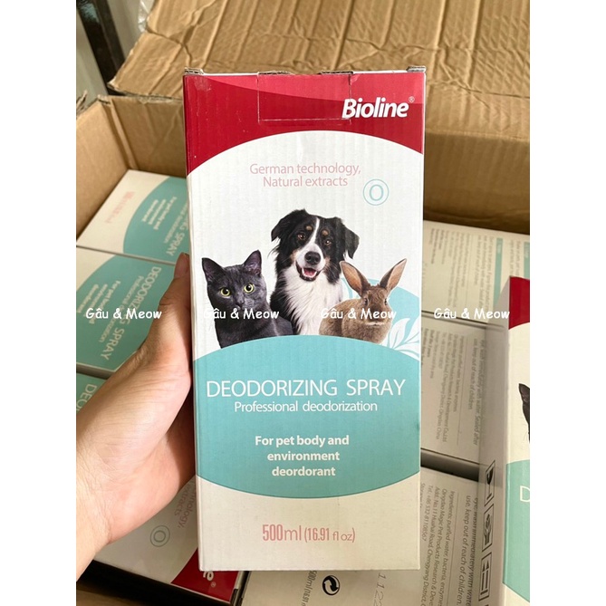Bioline Deodorising Spray Chai xịt khử mùi kháng khuẩn cơ thể chó mèo và môi trường sống 500ml có vòi xịt