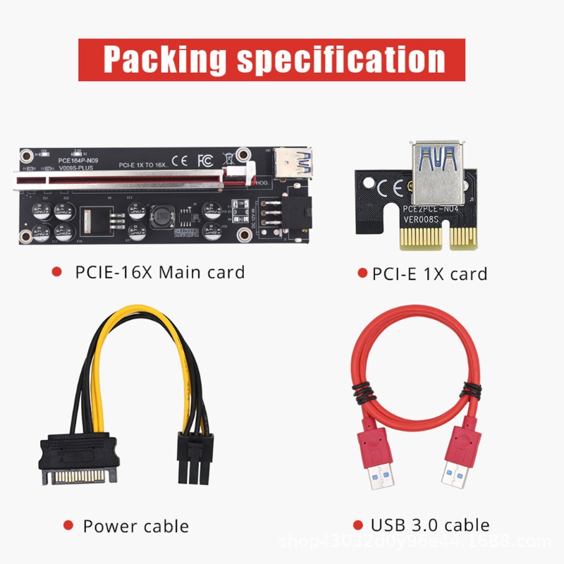 btsg VER009S Plus PCI-E Riser Card 8 Capacitors PCI Express 1X 16X USB 3.0 Cable SATA to 6Pin Connector Power Cable