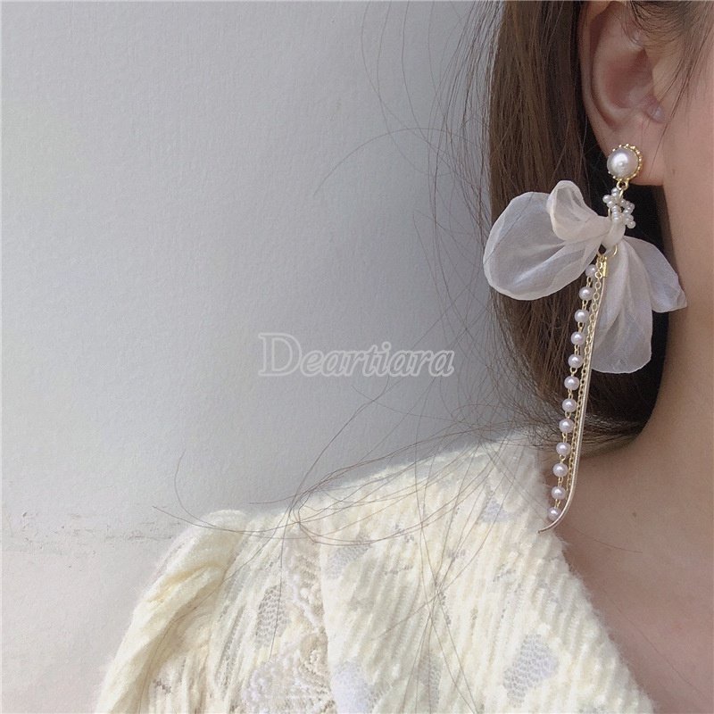 Đôi Bông Tai Dáng Dài Đính Nơ Và Ngọc Trai Giả Dễ Thương Cho Nữ