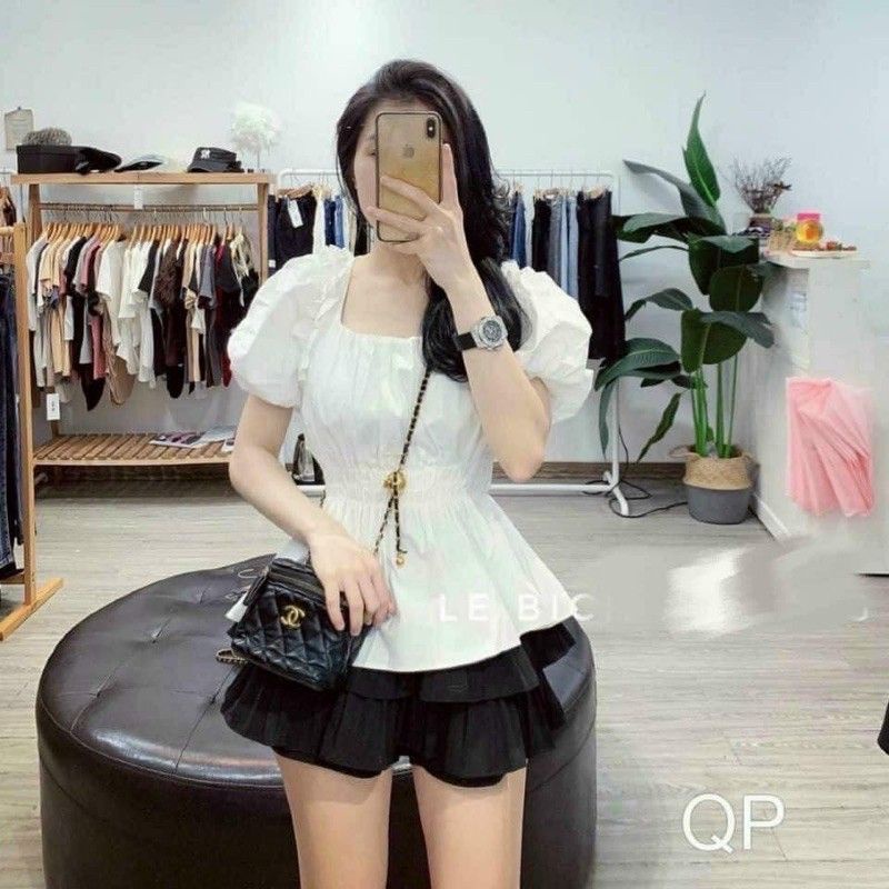 Áo trễ vai nhún eo xòe tay ngắn phồng alohashop91