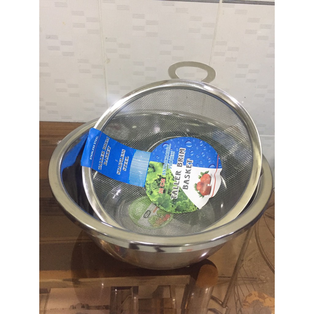 [BỘ THAU RỔ LỚN] Thau rửa rau, quả, trộn salad 30 cm và rổ lưới inox có đế 28 cm có quai đựng rau củ