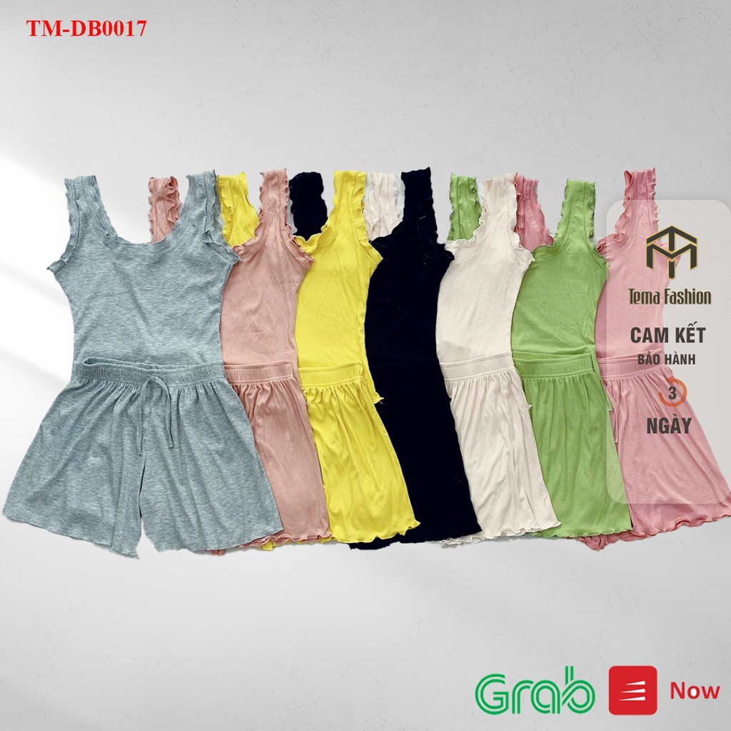 Đồ bộ nữ TEMA - Đồ ngủ nữ mặc ở nhà gồm áo hai dây viền bèo kèm quần đùi len tăm siêu mát | BigBuy360 - bigbuy360.vn