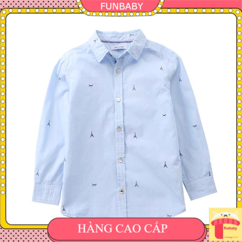 Sơ mi cho bé trai 3-14 tuổi màu xanh hàng xuất dư xịn hãng Okaidi, Áo sơ mi dài tay cho bé vải thô mềm dáng thời trang