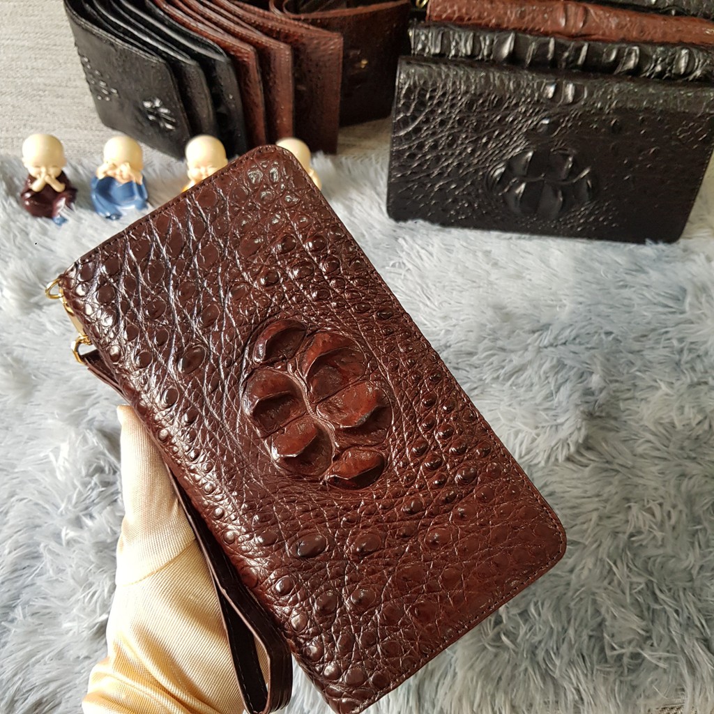 Ví Cầm Tay Cá Sấu Nữ/Nam | Ví Clutch Da Cá Sấu Gù To Một Khóa | Màu Nâu Cafe | Bảo Hành 24 Tháng.