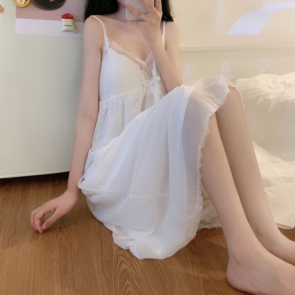 [ORDER TMALL 271] Váy Ngủ Lụa Công Chúa Hai Dây Ren Sexy Đệm Ngực