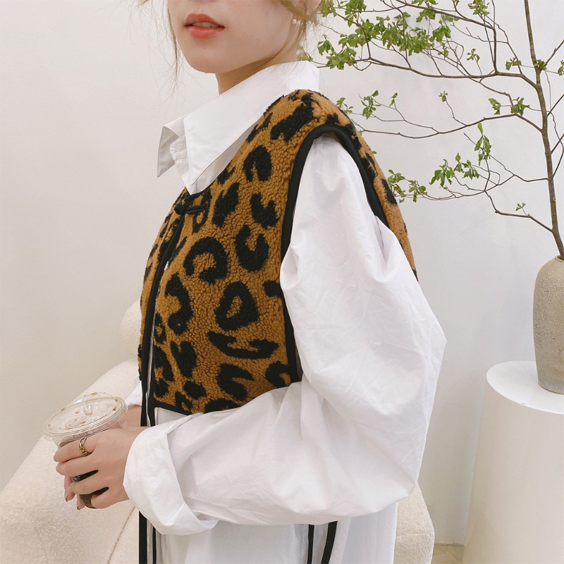 Han Áo Khoác Ghi Lê Giả Lông Dày Không Tay Họa Tiết Da Báo Ấm Áp Mùa Thu Đông Cho Bé Gái