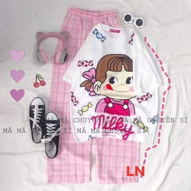 Sét Bộ Áo In Hình Thú Cute Và Quần Kẻ Đẹp Mặc Mùa Hè, Mặc Ở Nhà, Áo Phông Cotton Mát Mịn Phong Cách Hàn Quốc