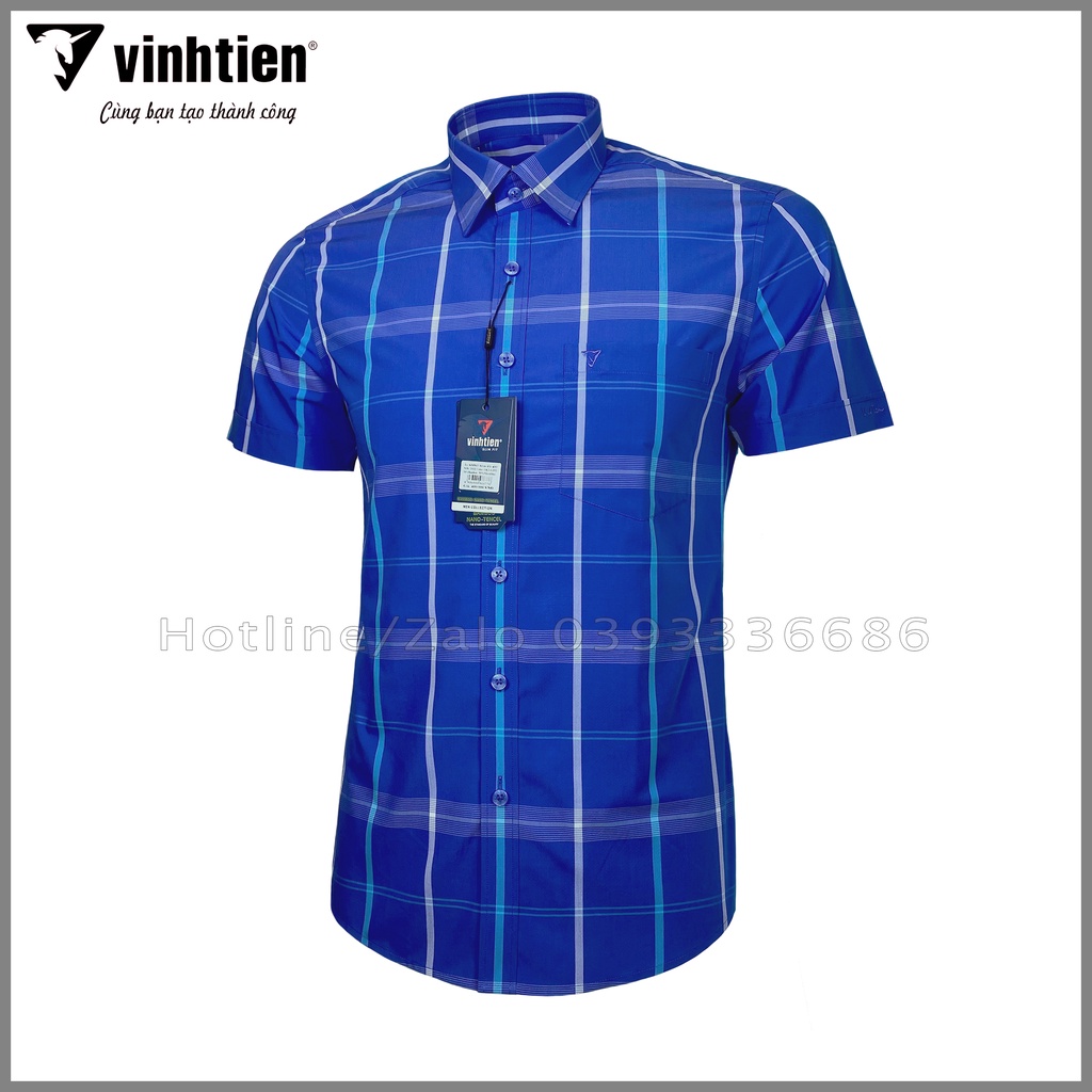 Áo Sơ Mi Nam Tay Ngắn Sọc Caro Bamboo Vĩnh Tiến Form Slimfit Vạt Bầu 430 - G352