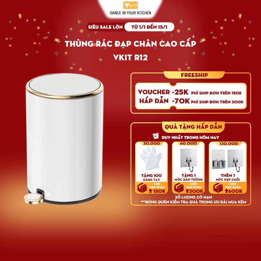 Thùng đựng rác inox tròn có nắp đậy và đạp chân cao cấp kèm giảm chấn và sáng bóng Vkit R12