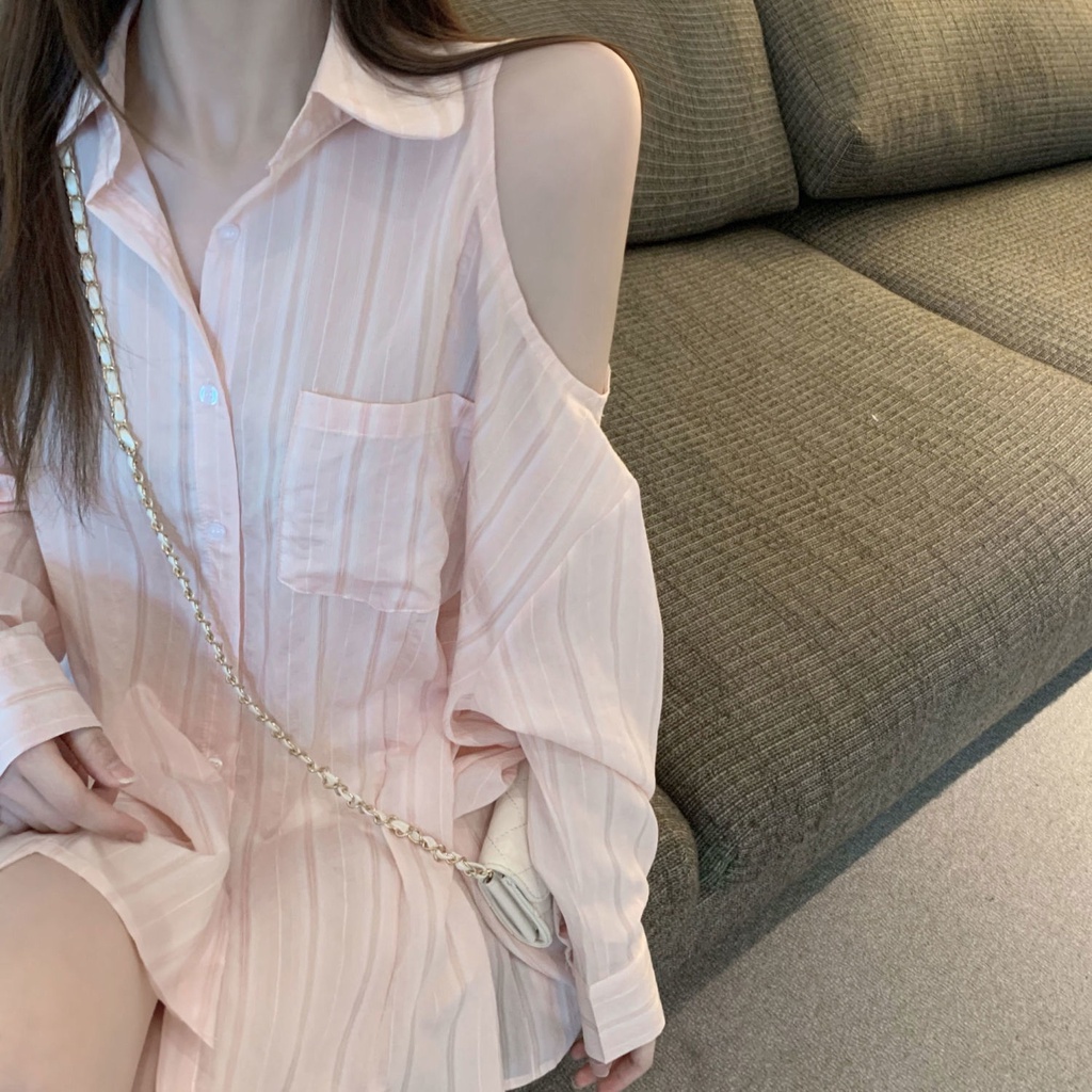 Áo Kiểu Dài Tay Trễ Vai Họa Tiết Kẻ Sọc Thiết Kế Mới Thời Trang Cho Nữ