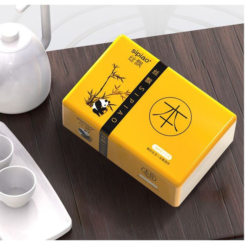 Combo 2 giấy ăn gấu trúc SIPIAO làm từ sợi tre siêu mềm dạng rút 300 tờ khăn giấy khô thấm nước không rách Angola