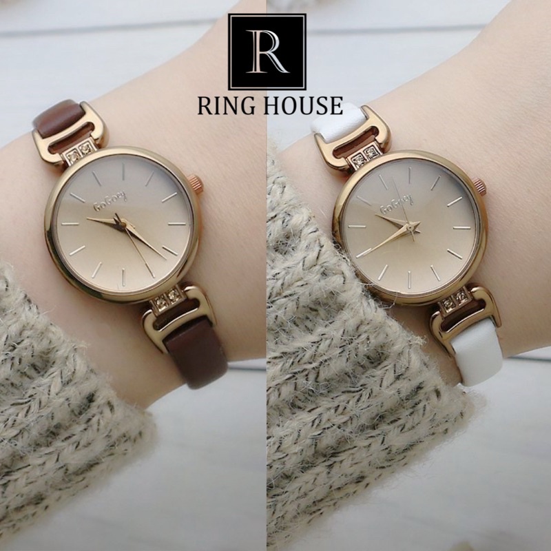 Đồng hồ nữ Gogoey mặt tròn dây da màu sắc thời trang trẻ bạn gái sinh viên học sinh đẹp Ring House