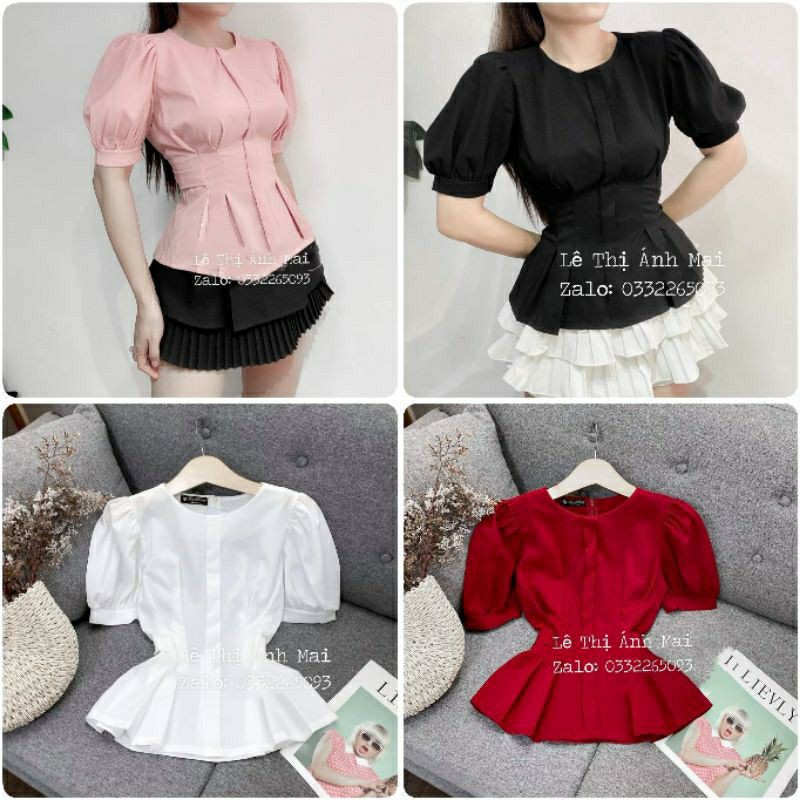 Áo peplum cổ tròn tay phồng | BigBuy360 - bigbuy360.vn