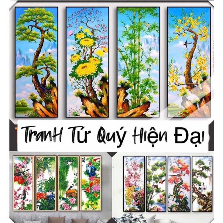 Tranh Tứ QUý Treo Tường Phòng Khách/ Đại Sảnh Tùng Trúc Cúc Mai/ Xuân Hạ Thu Đông Kèm Khung Decor Tráng Gương
