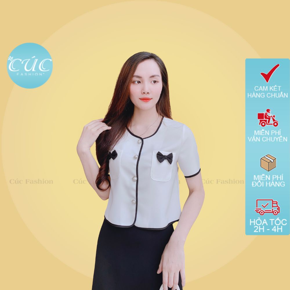 Áo sơ mi nữ CÚC FASHION somi tay ngắn cao cấp vải lụa đẹp kiểu công sở trắng áo croptop 2 nơ A1169