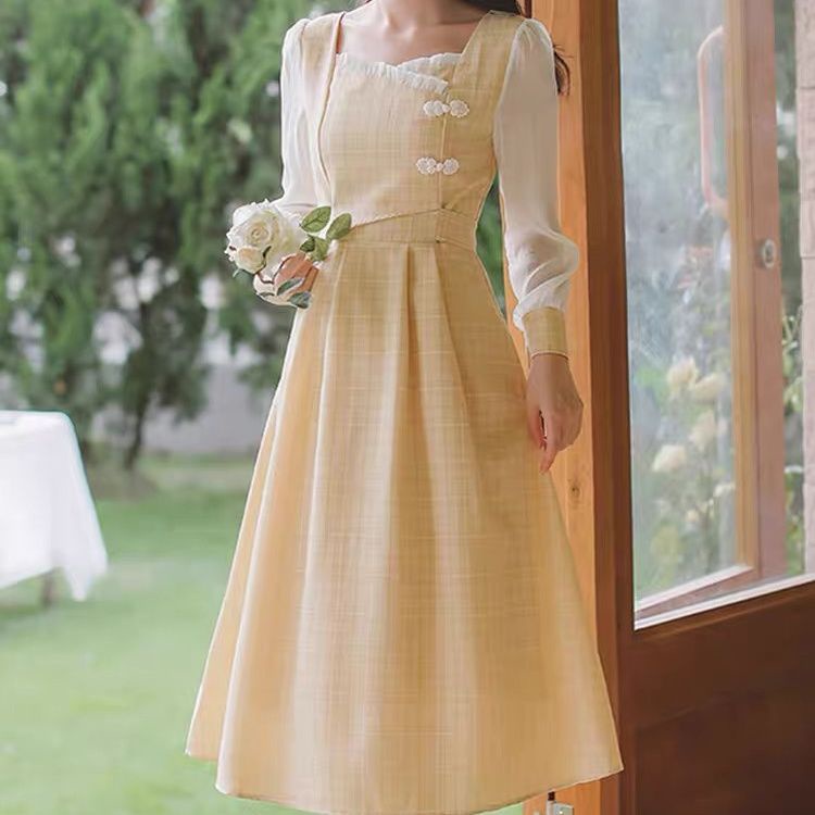 Đầm Dài Họa Tiết Kẻ Ô Cổ Điển Mới Cho Nữ Jllyq-32