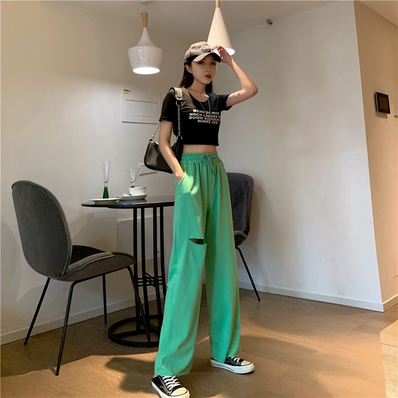 Quần dài SUXI dây rút ống rộng màu trơn phong cách Hàn Quốc cá tính cho nữ