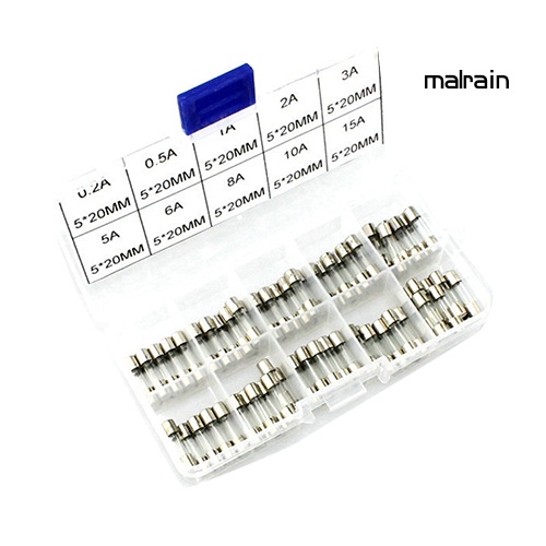 Bộ 100 cầu chì ống thủy tinh 5x20mm 0.2A-15A cho xe hơi