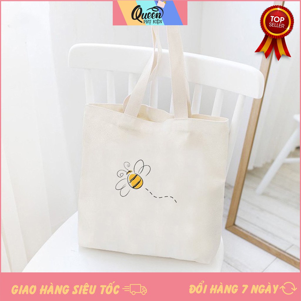 Túi Đeo Vai Tote Trắng Vải Canvas Thời Trang Dạo Phố 1019 482 Con Ong Bee Siêu Dễ Thương