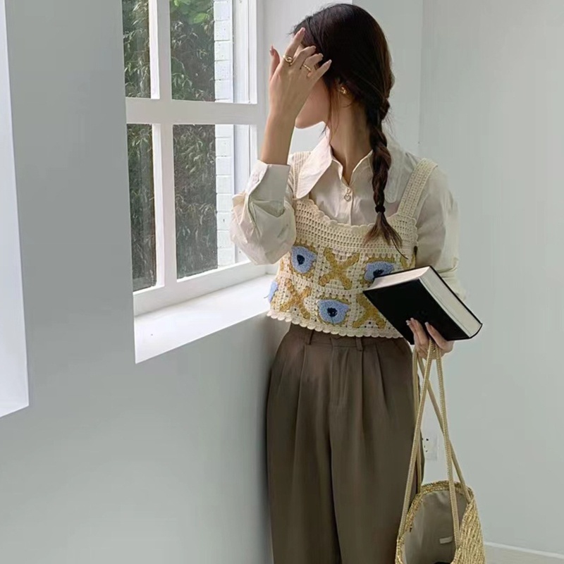 Áo Hai Dây Đan Móc xiangbao Thêu Họa Tiết Chú Gấu Dễ Thương Thời Trang Cho Nữ