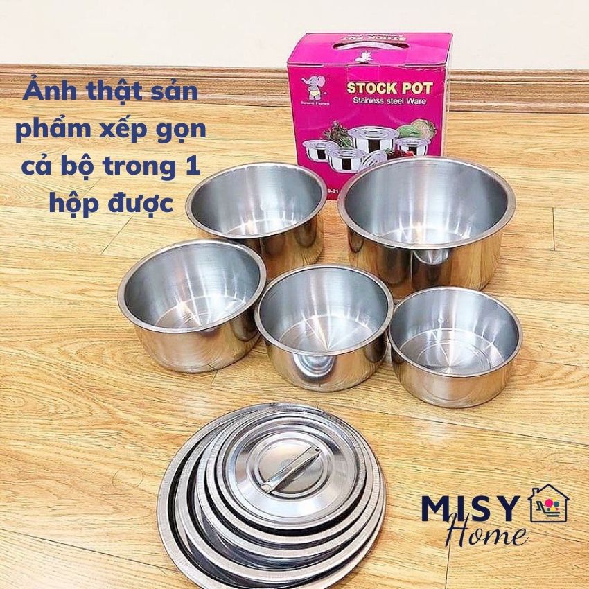 Bộ 5 nồi thố bát inox không quai có nắp bảo quản thực phẩm nấu bếp từ bếp ga hồng ngoại Misy Home