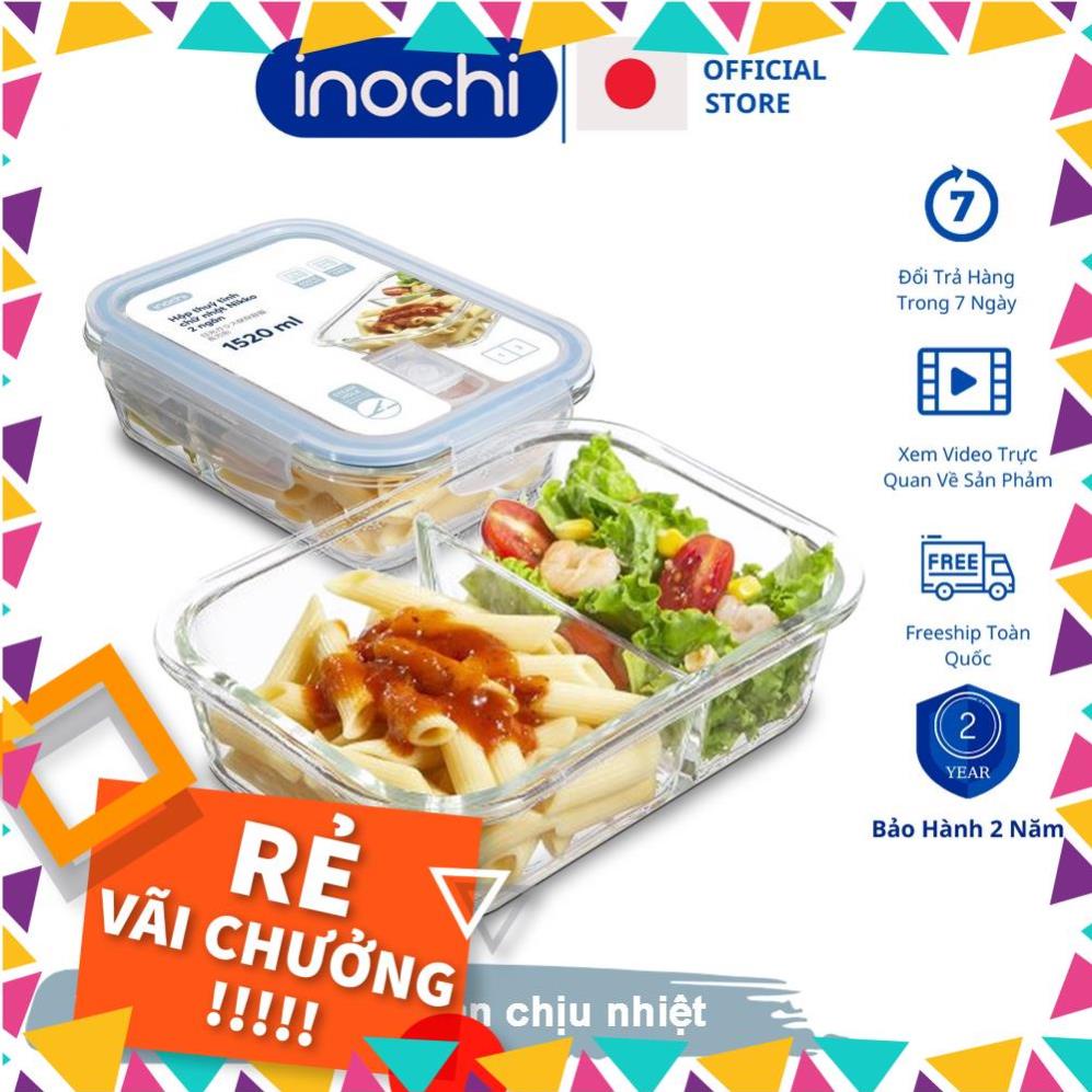 Thố thủy tinh Hộp đựng thực phẩm 2 ngăn nikko inochi hộp cơm thủy tinh chia ngăn cao cấp bảo quản đồ ăn thực phẩm