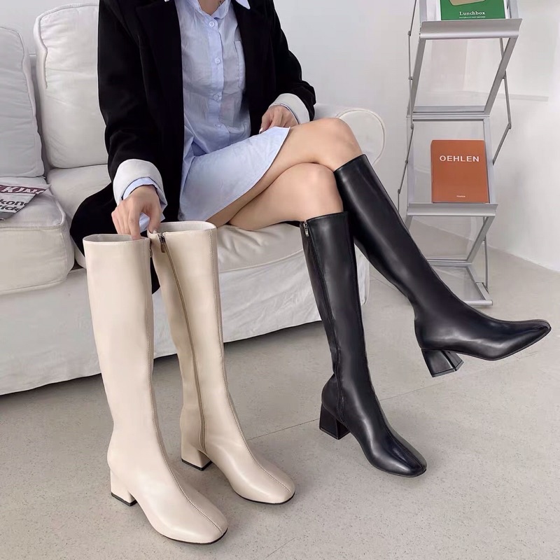 Bốt nữ cổ cao dưới đầu gối ôm chân gót vuông cao 6cm có khoá sườn