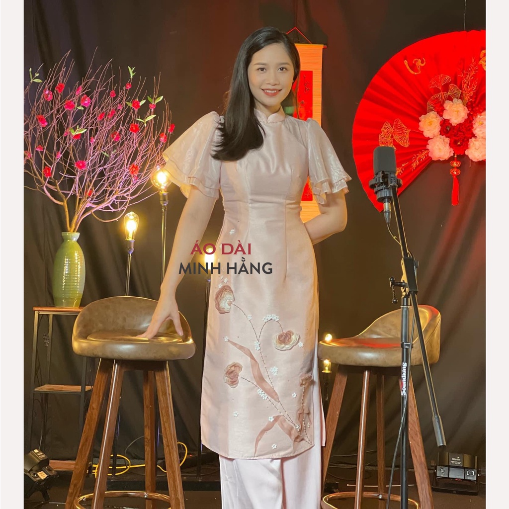 Áo Dài Cách Tân Nữ 4 Tà Tay Bèo Cánh Tiên Đính Hoa, Vải Lụa Tơ Óng Đẹp Nhẹ Nhàng_Áo Dài Minh Hằng