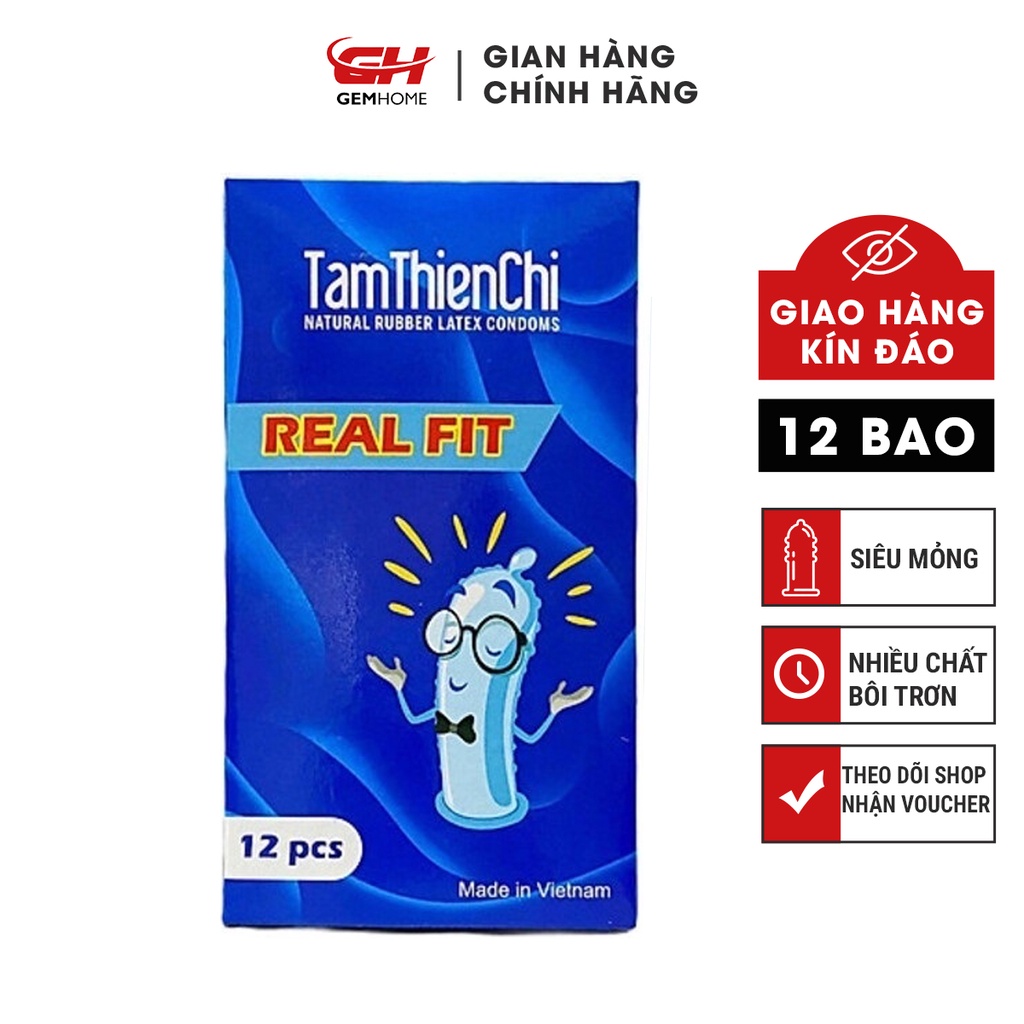 Bao cao su mỏng nhiều chất bôi trơn Tâm Thiện Chí Real Fit Hộp 12 Bao GEMHOME