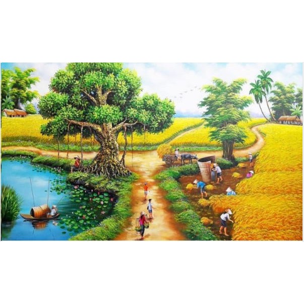 Tranh đính đá toàn bộ tự làm - Tranh phong cảnh đồng quê