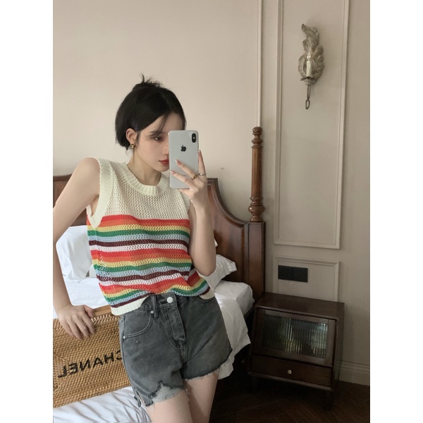Áo Dệt Kim Sát Nách Dáng Rộng Họa Tiết Kẻ Sọc Thời Trang Mùa Hè Cho Nữ