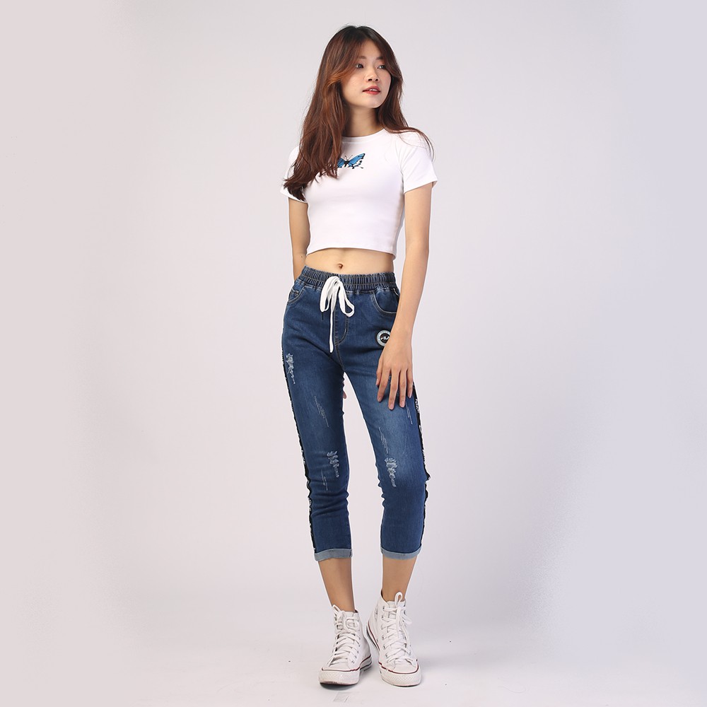 Quần jeans nữ lưng thun SAIGONJEAN 2 viền QD018 - Quần bò 9 tấc lưng thun