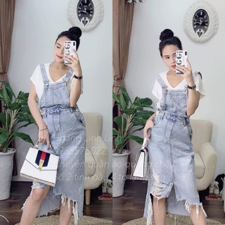 Yếm váy ảnh thật - Yếm váy rách gấu túi ngực dáng dài MS543