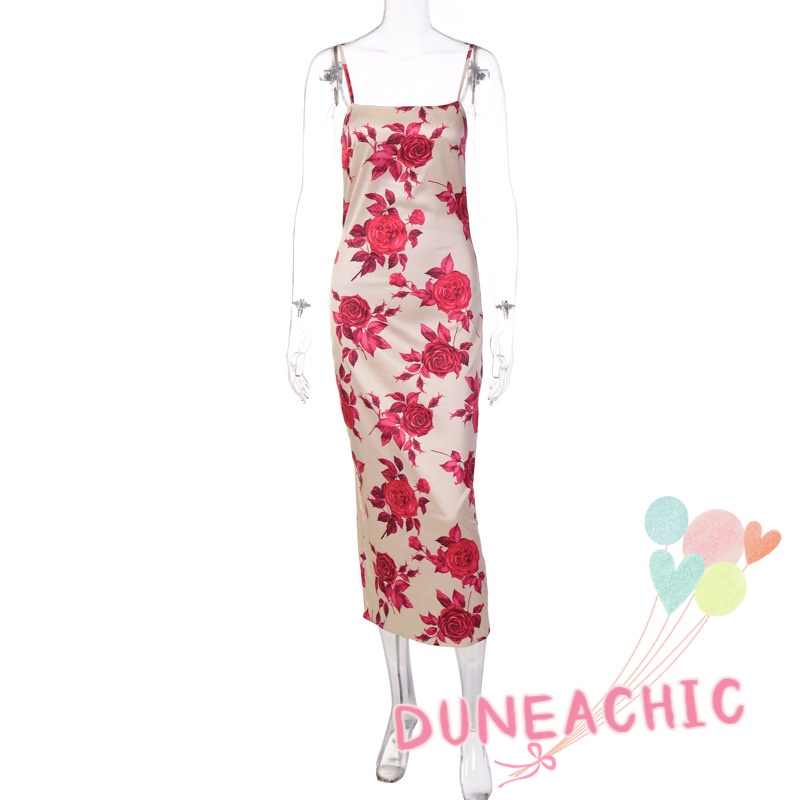 DUNEA Đầm Hai Dây Họa Tiết Hoa Hồng Quyến Rũ Cho Nữ