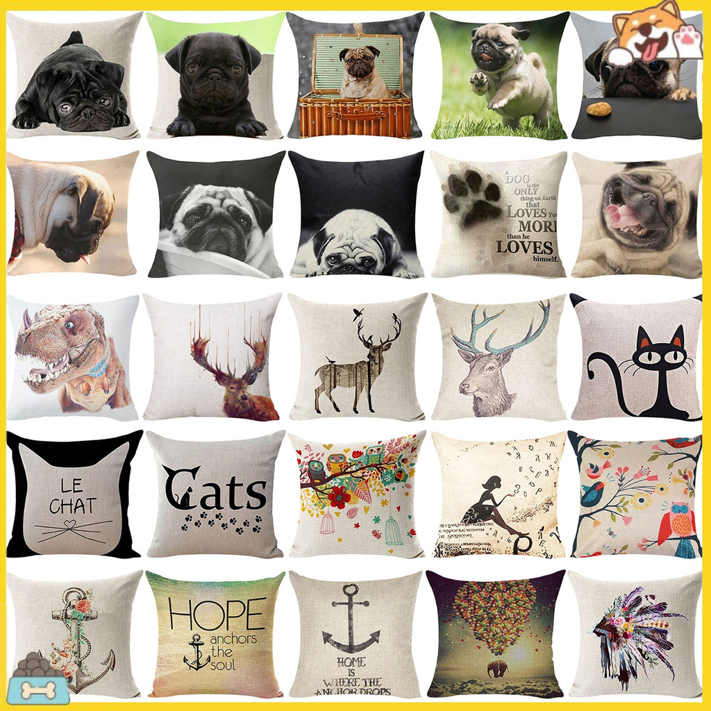 Vỏ gối sofa vải lanh hình chú chó pug , nai sừng tấm trang trí