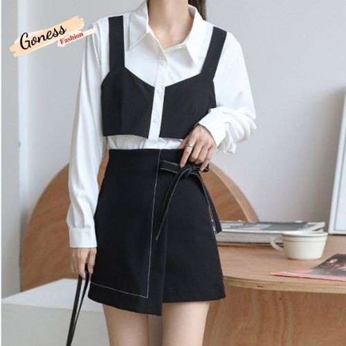 Chân váy chữ a trơn chỉ nổi có nơ buộc dáng ngắn nữ eo cao phong cách Hàn Quốc Goness CV20