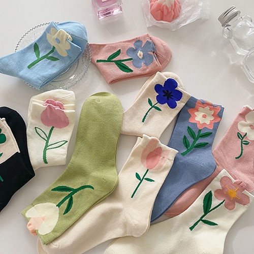 Tất nữ，Vớ Cổ Cao In Họa Tiết Hoa Tulip Phong Cách Nhật Bản Thời Trang Xuân Hè Xinh Xắn Cho Nữ