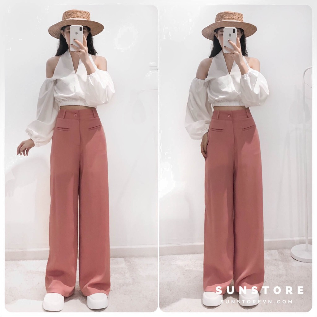 Quần ống rộng túi mổ culottes dáng suông dài cài nút lưng cao chất rũ THRE PANT