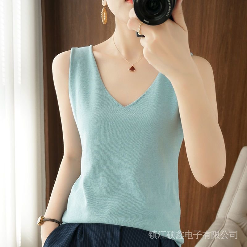 Áo Dệt Kim Vải Lụa Lạnh Sát Nách Cổ Chữ V Thời Trang Quyến Rũ Cho Nữ