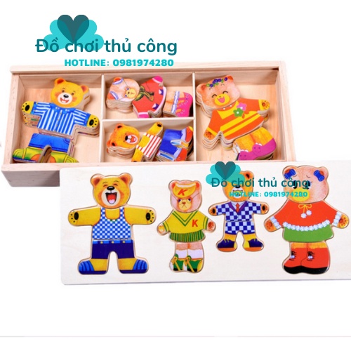 Đồ chơi ghép hình thay trang phục gia đình gấu, giúp bé phát triển trí não, và khả năng sáng tạo
