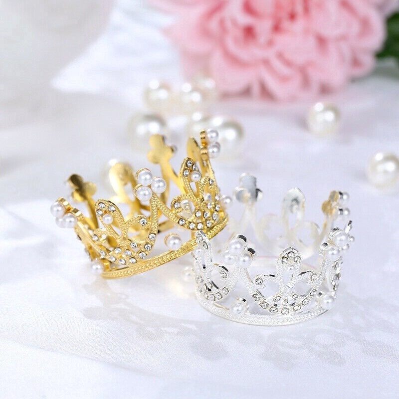 Topper Trang Trí Bánh Kem Hình Vương Miện Có Đính Ngọc Trai Lấp Lánh